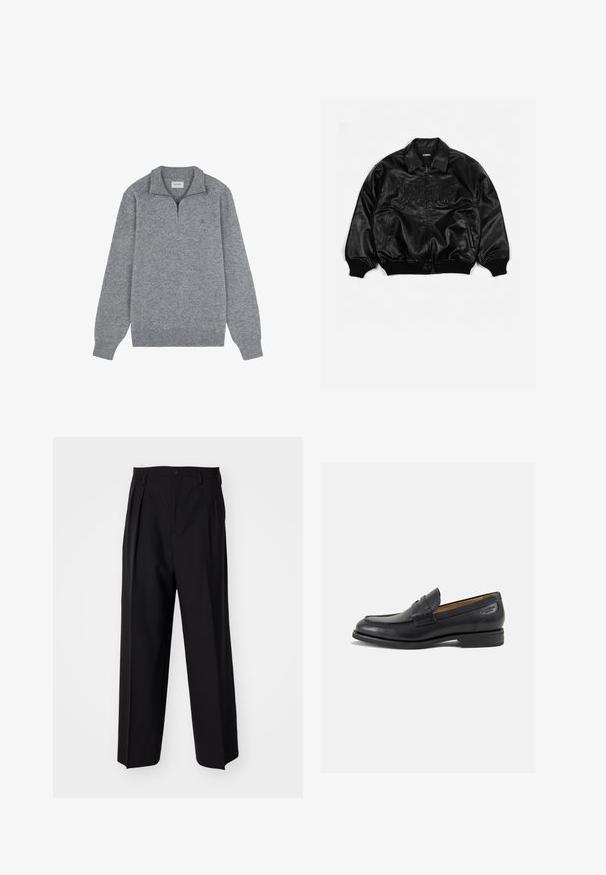 Sort læder bomberjakke med lynlås foran, ribbede manchetter og kant, med præget tekst på brystet og sidelommer.; Grå sweater med en lynlåsåbning i halshalsen, lavet af blødt strikmateriale. Har lange ærmer og et diskret logo på brystet.; Sorte plisserede bukser med et lige, bred ben-design. Fremstillet af glat stof, med en knaplukning og bæltesløjfer.; Sorte læder loafers med en glat finish, rund tå og dekorativ syning på vampen. Lav stablet hæl og let glans.