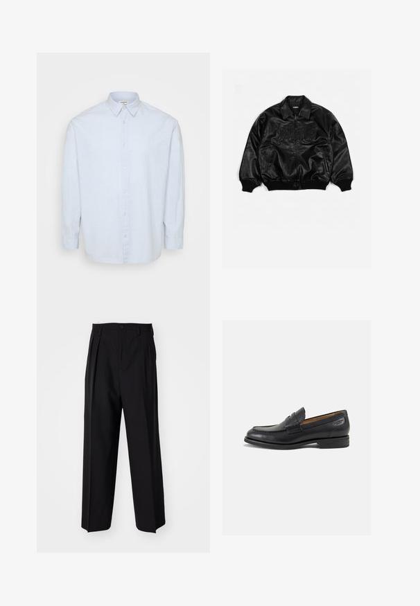Svart lær bomberjakke med glidelås foran, ribbestrikkede mansjetter og kant, med preget skrift på brystet og sidelommer.; Lyseblå langermet skjorte med knapper laget av mykt stoff, med klassisk krage og rett snitt med knapper foran.; Svart bomulls t-skjorte med korte ermer og rund hals. Stoffet har en glatt tekstur og et enkelt, ensfarget design.; Sorte plissert bukser med en rett, bred benform. Laget av glatt stoff, med knappelukking og beltehemper.; Sorte lær loafers med en glat overflade, rund tå og dekorativ syning på forfoden. Lav stablet hæl og let glans.