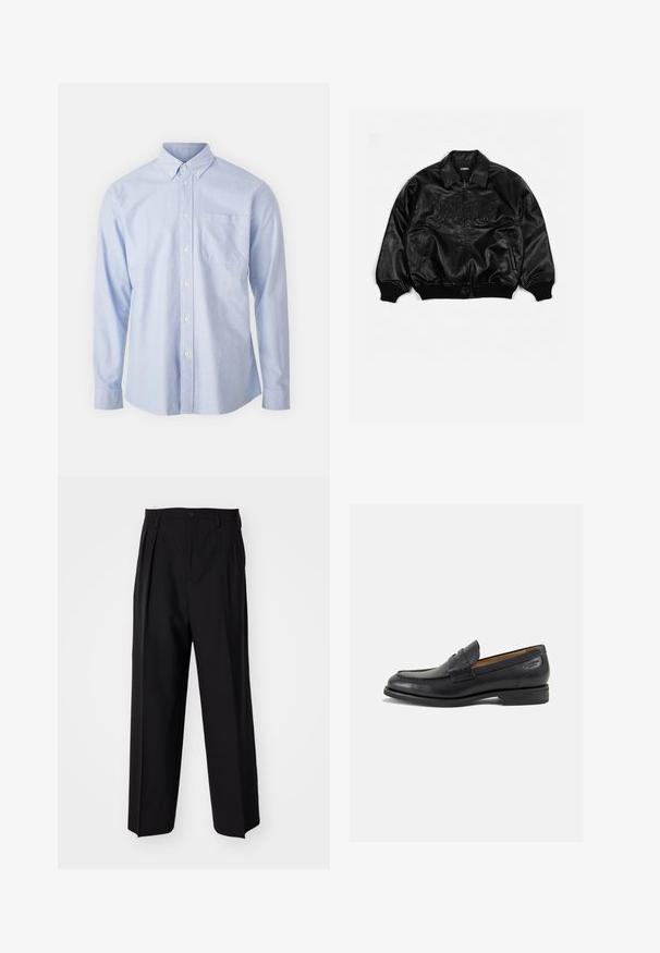 Čierna kožená bomber bunda so zapínaním na zips, s rebrovanými manžetami a spodným lemom, s embosovaným nápisom na hrudi a bočnými vreckami.; Modrá košeľa na gombíky z ľahkej tkaniny, s ostrým golierom, dlhými rukávmi a jednou náprsní kapsou.; Čierne skladané nohavice s rovnom, širokým strihom. Vyrobené z hladkého materiálu, s gombíkovým zapínaním a pútkami na opasok.; Čierne kožené mokasíny s hladkým povrchom, zaoblenou špičkou a dekoratívnym prešívaním na prednej časti. Nízky kokteilový opätok a jemný lesk.