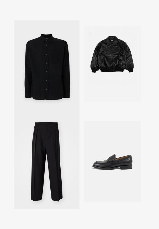 Schwarze Lederbombajacke mit durchgehendem Reißverschluss, gerippten Bündchen und Saum, mit geprägt beschrifteter Brust und seitlichen Taschen.; Schwarzes Langarmhemd aus strukturiertem Stoff mit durchgehender Knopfleiste, einer einzigen Brusttasche und klassischem Kragen.; Schwarzes Baumwoll-T-Shirt mit kurzen Ärmeln und rundem Ausschnitt. Der Stoff hat eine glatte Textur und ein einfaches, schlichtes Design.; Schwarze, plissierte Hose mit geradem, weitem Bein. Hergestellt aus glattem Stoff, mit Knopfverschluss und Gürtelschlaufen.; Schwarze Leder Slipper mit glatter Oberfläche, runder Spitze und dekorativer Naht auf dem Vorderblatt. Niedriger Blockabsatz und leichter Glanz.