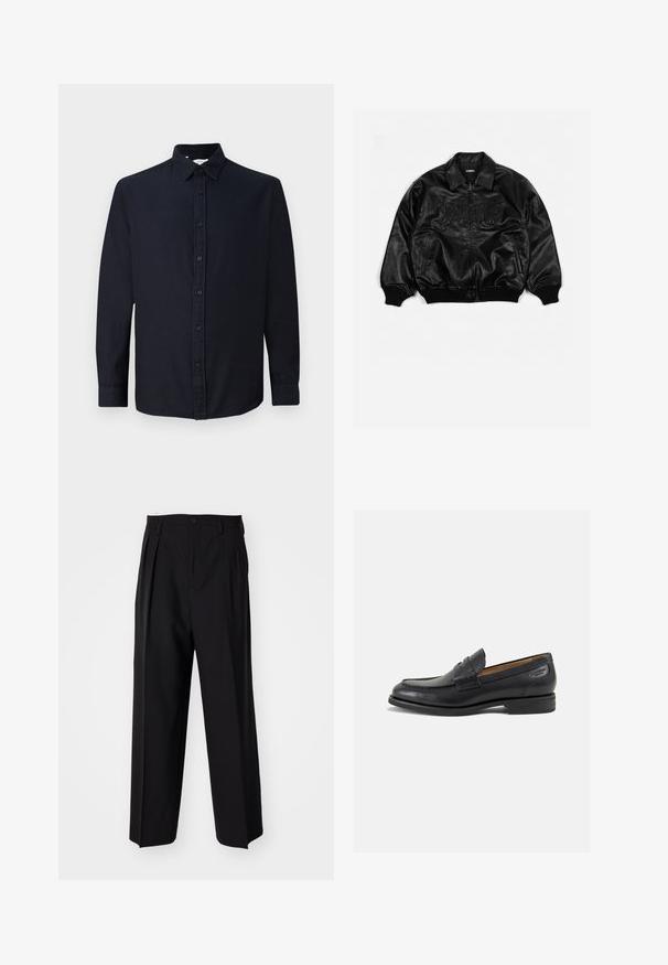 Juodas odinis bombonešis su užtrauktuku priekyje, iškirptomis rankovėmis ir apačia, puošniai iškėlėmis raidėmis ant krūtinės ir šoninėmis kišenėmis.; Tamsiai mėlynas ilgo rankovės mygtukinis marškinėliai su apykakle ir rankogaliais, išdėstyti plokščiai prieš paprastą šviesų foną.; Juodi klostuoti kelnių, su tiesiu, plačiu kojų dizainu. Pagaminti iš lygios medžiagos, su mygtukų uždarymu ir diržo kilputėmis.; Juodi odiniai loafersai su lygiu paviršiumi, apvaliu pirštu ir dekoratyvine siūlė viršuje. Žemas sustiprintas kulnas ir lengvas blizgesys.