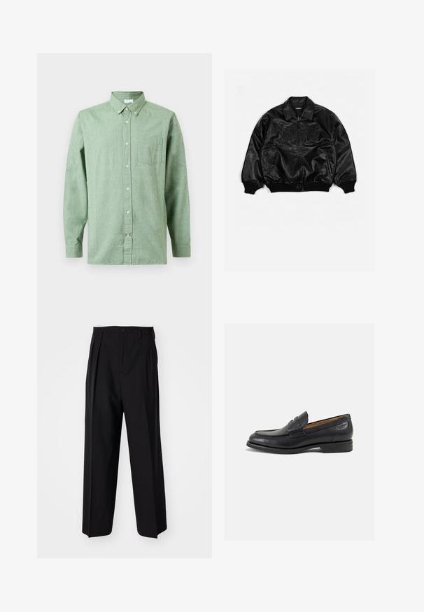 Giubbotto bomber in pelle nera con zip frontale, polsini e parte inferiore a costine, con lettering in rilievo sul petto e tasche laterali.; Camicia verde chiaro a maniche lunghe con taschino sul petto, colletto abbottonato e bottoni beige su sfondo neutro.; Pantaloni neri a pieghe con un design dritto e gamba larga. Realizzati in tessuto morbido, con chiusura a bottone e passanti per cintura.; Mocassini in pelle nera con finitura liscia, punta arrotondata e cuciture decorative sulla tomaia. Tacco basso impilato e leggero lucido.