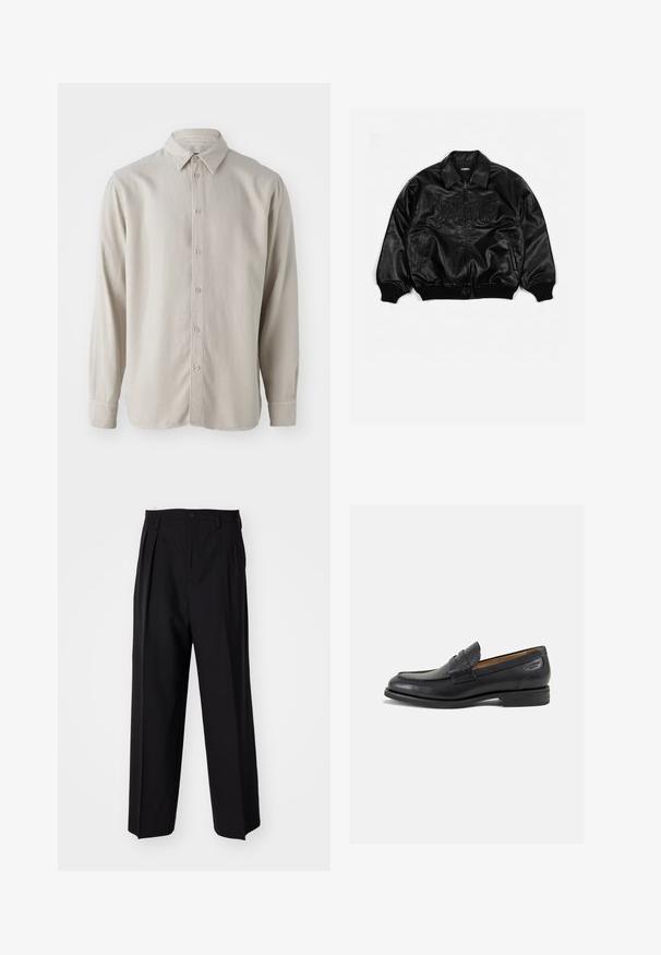 Schwarze Lederbombajacke mit durchgehendem Reißverschluss, gerippten Bündchen und Saum, mit geprägt beschrifteter Brust und seitlichen Taschen.; Beige Langarmshirt aus weichem Stoff, mit Knopfleiste, klassischem Kragen und Manschetten mit abgerundeten Kanten.; Schwarze, plissierte Hose mit geradem, weitem Bein. Hergestellt aus glattem Stoff, mit Knopfverschluss und Gürtelschlaufen.; Schwarze Leder Slipper mit glatter Oberfläche, runder Spitze und dekorativer Naht auf dem Vorderblatt. Niedriger Blockabsatz und leichter Glanz.