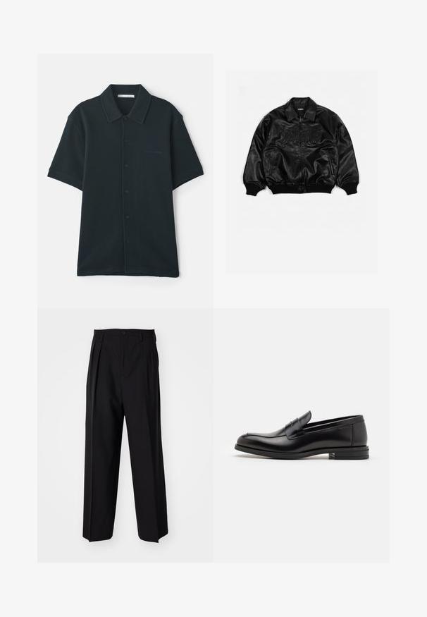 Musta nahkainen pommijakku, jossa on vetoketjukiinnitys, ribbireunat hihansuissa ja helmassa. Takissa on kohokuvioidut kirjaimet rinnassa ja sivutaskut.; Tummanvihreä, lyhythihainen nappikauluspaita, joka on valmistettu teksturoidusta kankaasta ja jossa on kaulus sekä huomaamaton logo vasemmalla puolella.; Mustat laskostetut housut, joissa on suora, leveä lahje. Valmistettu sileästä kankaasta, jossa on nappisuljenta ja vyölenkit.; Mustat nahkakengät, joissa on sileä pinta, pyöreä kärki ja koristeellinen nauha jalkapöydän yli. Matala pinoitu koroke, minimalistinen muotoilu.
