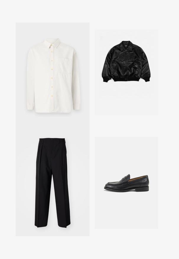 Black leather bomber jacket with a zip front, ribbed cuffs and hem, featuring embossed lettering on the chest and side pockets.; White long-sleeve shirt made from cotton blend, featuring a button-down collar, yellow buttons, and a single chest pocket. Classic fit.; Black pleated trousers with a straight, wide-leg design. Made from smooth fabric, featuring a button closure and belt loops.; Black leather loafers with a smooth finish, rounded toe, and decorative stitching on the vamp. Low stacked heel and slight shine.