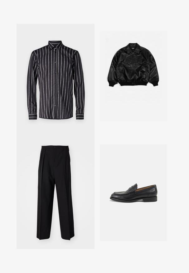 Sort læder bomberjakke med lynlås foran, ribbede manchetter og kant, med præget tekst på brystet og sidelommer.; Bruuns Bazaar VANIGILLY SHIRT - Skjorter - black; Sorte plisserede bukser med et lige, bred ben-design. Fremstillet af glat stof, med en knaplukning og bæltesløjfer.; Sorte læder loafers med en glat finish, rund tå og dekorativ syning på vampen. Lav stablet hæl og let glans.