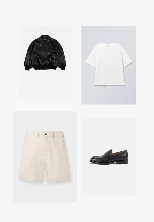 Black leather bomber jacket with a zip front, ribbed cuffs and hem, featuring embossed lettering on the chest and side pockets.; White cotton t-shirt with a round neckline and short sleeves. Relaxed fit with no visible patterns or accents. Smooth texture.; Light beige linen shorts with a textured fabric, featuring a front button closure, two side pockets, and a tailored design.; Black leather loafers with a smooth finish, rounded toe, and decorative stitching on the vamp. Low stacked heel and slight shine.