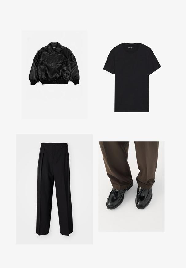 Jaqueta bomber de pele preta com fecho de correr à frente, punhos e bainha canelados, apresentando letras em relevo no peito e bolsos laterais.; Camiseta de algodão preta com mangas curtas e decote redondo. O tecido tem uma textura suave e um design simples e liso.; Calças pretas plissadas com um design reto e de perna larga. Feitas de um tecido liso, apresentam um fecho de botão e passantes para cinto.; Mocassins de couro preto com bico arredondado, com franjas decorativas e costura texturizada, combinados com calças castanhas ligeiramente largas.