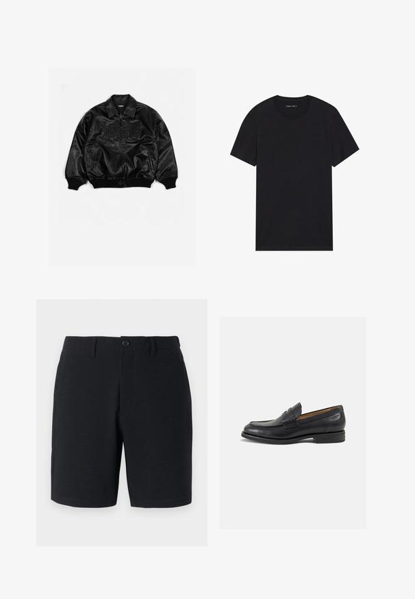 Svart lær bomberjakke med glidelås foran, ribbestrikkede mansjetter og kant, med preget skrift på brystet og sidelommer.; Svart bomulls t-skjorte med korte ermer og rund hals. Stoffet har en glatt tekstur og et enkelt, ensfarget design.; Sorte shorts med teksturert stoff, knapplukking, beltehemper og sidelommer; tilpasset passform med rene, sømte kanter.; Sorte lær loafers med en glat overflade, rund tå og dekorativ syning på forfoden. Lav stablet hæl og let glans.