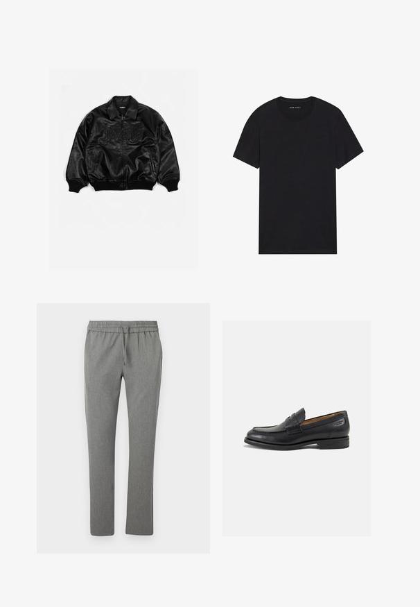 Schwarze Lederbombajacke mit durchgehendem Reißverschluss, gerippten Bündchen und Saum, mit geprägt beschrifteter Brust und seitlichen Taschen.; Schwarzes Baumwoll-T-Shirt mit kurzen Ärmeln und rundem Ausschnitt. Der Stoff hat eine glatte Textur und ein einfaches, schlichtes Design.; Graue, zulaufende Hosen aus strukturiertem Stoff. Mit einem elastischen Bund und Kordelzug, ohne Taschen und mit glatter Oberfläche.; Schwarze Leder Slipper mit glatter Oberfläche, runder Spitze und dekorativer Naht auf dem Vorderblatt. Niedriger Blockabsatz und leichter Glanz.