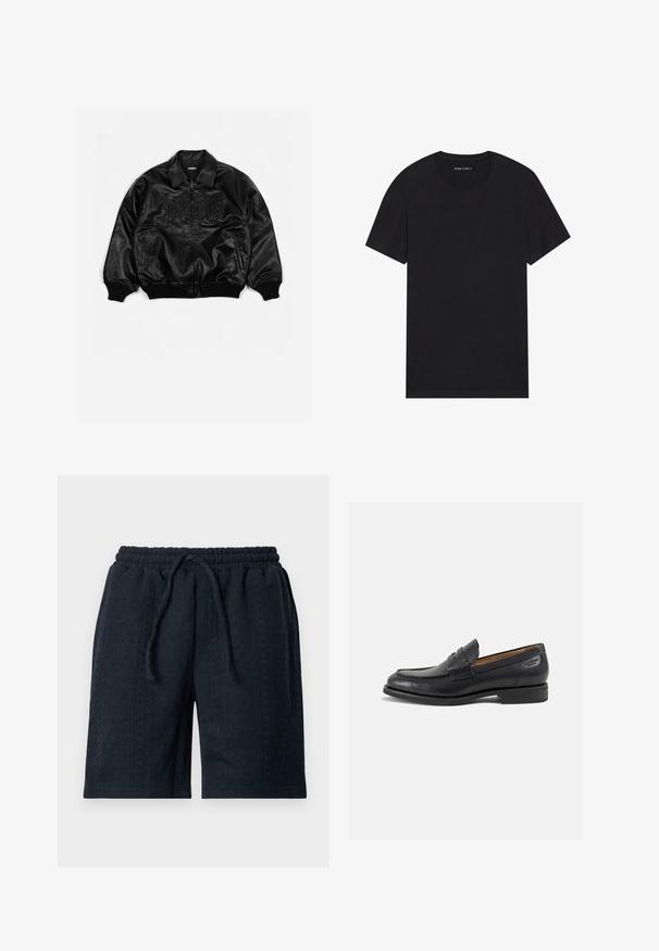 Svart lær bomberjakke med glidelås foran, ribbestrikkede mansjetter og kant, med preget skrift på brystet og sidelommer.; Svart bomulls t-skjorte med korte ermer og rund hals. Stoffet har en glatt tekstur og et enkelt, ensfarget design.; Mørk marineblå shorts laget av teksturert stoff med elastisk linning og snor. Har et subtilt mønster gjennom hele plagget.; Sorte lær loafers med en glat overflade, rund tå og dekorativ syning på forfoden. Lav stablet hæl og let glans.