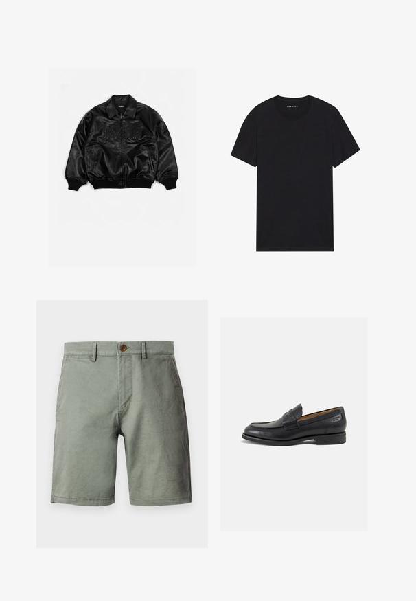 Musta nahkainen pommijakku, jossa on vetoketjukiinnitys, ribbireunat hihansuissa ja helmassa. Takissa on kohokuvioidut kirjaimet rinnassa ja sivutaskut.; Musta puuvillapaita lyhyillä hihoilla ja pyöreällä kaula-aukolla. Kankaan pinta on sileä ja sen muotoilu on yksinkertainen ja yksivärinen.; Vaaleanvihreät shortsit, jotka on valmistettu puuvillasekoitteesta. Niissä on etupainike, vyölenkit ja litteä etuosasuunnittelu. Sujuva rakenne, polven pituinen.; Mustat nahkaloaferit, joissa on sileä pinta, pyöreä varvas ja koristeompeleet varpaansuojassa. Matala pinottu korko ja hieno kiilto.