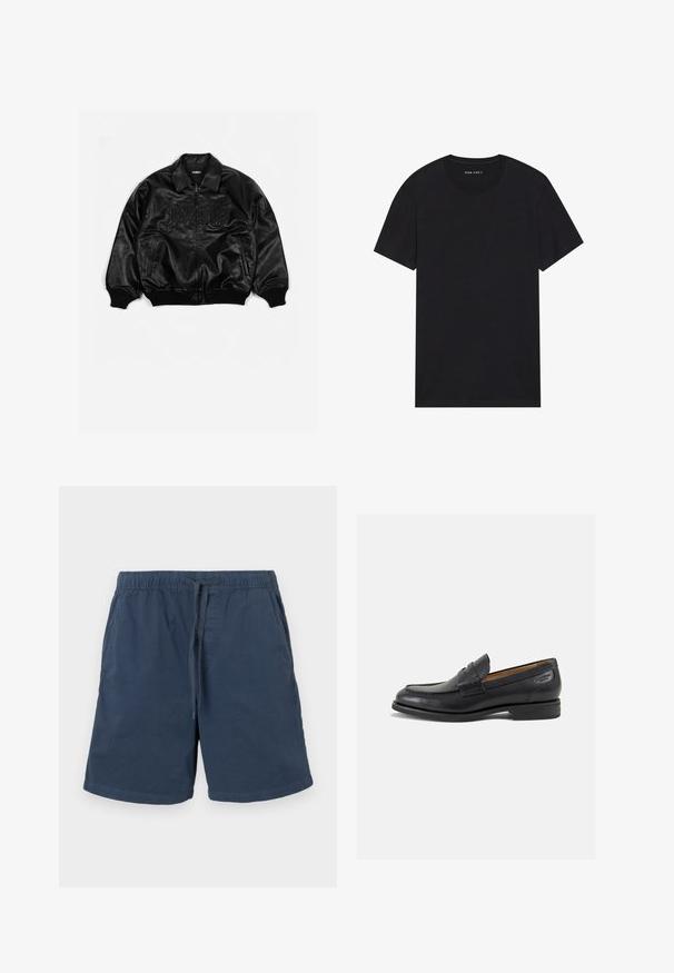 Svart läderbomberjacka med dragkedja fram, ribbade ärmslut och nederkant, med präglad text på bröstet och sidofickor.; Svart bomullströja med korta ärmar och rund halsringning. Tyget har en slät yta och en enkel, enfärgad design.; Marina blå shorts i bomull med elastisk midja och snörning. Har sidofickor och rak skärning.; Svarta läder loafers med en slät ytfinish, rund tå och dekorativ sömnad på vampen. Låg staplad klack och lätt glans.
