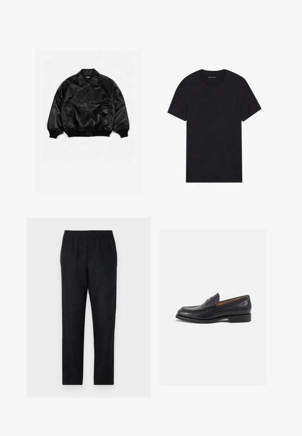 Veste bombardier en cuir noir avec fermeture éclair à l'avant, poignets et ourlet côtelés, présentant une inscription en relief sur la poitrine et des poches latérales.; T-shirt en coton noir à manches courtes et col rond. Le tissu a une texture lisse et un design simple et uni.; Pantalons noirs légers avec une taille élastique, jambes droites et une texture lisse. Comprend deux poches latérales pour plus de fonctionnalité.; Mocassins en cuir noir avec une finition lisse, bout rond et coutures décoratives sur la tige. Talon bas empilé et léger brillant.