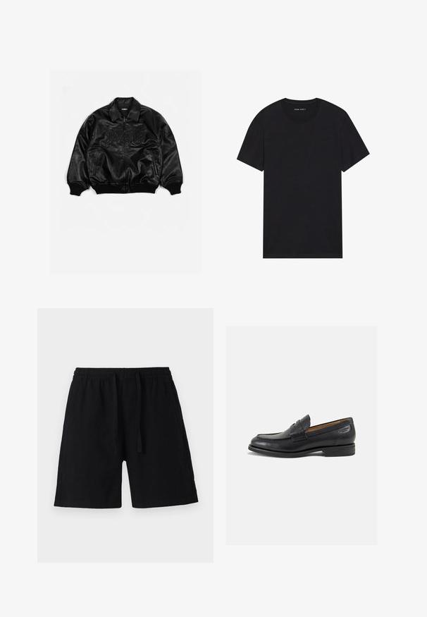 Sort læder bomberjakke med lynlås foran, ribbede manchetter og kant, med præget tekst på brystet og sidelommer.; Sort bomulds t-shirt med korte ærmer og rund halsudskæring. Stoffet har en glat tekstur og et enkelt, ensfarvet design.; Sorte shorts lavet af letvægtsmateriale med elastisk talje og snor. Har en afslappet pasform og ingen synlige lommer.; Sorte læder loafers med en glat finish, rund tå og dekorativ syning på vampen. Lav stablet hæl og let glans.