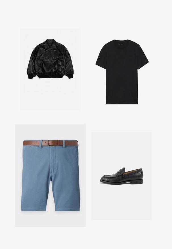 Musta nahkest bomber-jakk, millel on lukuga esikülg, soonikkoes varrukad ja alläär, ning millel on esitooted ja küljetaskud, millel on embossed kiri rinnal.; Mustalane puuvillane t-särk lühikeste varrukatega ja ümarate kaelustega. Kangas on sileda tekstuuriga ja lihtsa, ühtlase disainiga.; Sinised puuvillased lühikesed püksid, millel on pruun nahkrihm, sirge lõik, ees taskud ja puhas viimistlus servadel.; Mustad mustad nahast loafers, sujuva viimistlusega, ümar sirge ja dekoratiivne tikand peal. Madal ja kergelt kuhjatud konts ning kerge läige.