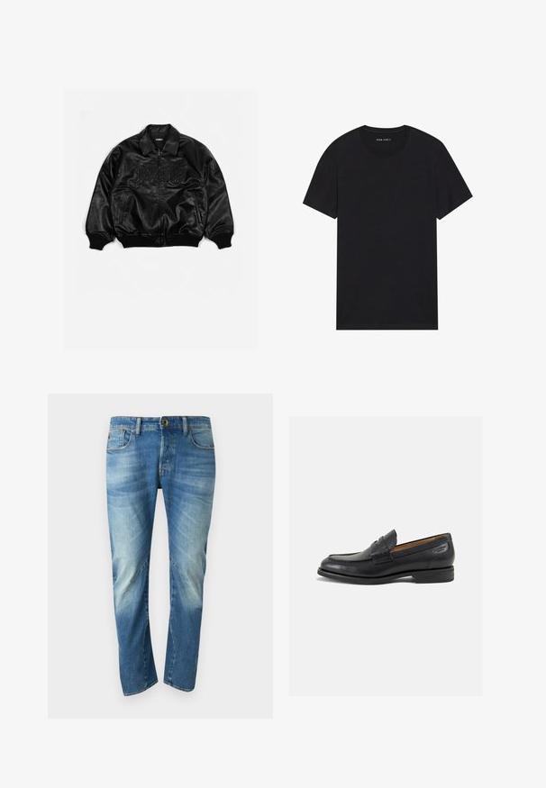 Black leather bomber jacket with a zip front, ribbed cuffs and hem, featuring embossed lettering on the chest and side pockets.; Black cotton t-shirt with short sleeves and a round neckline. The fabric has a smooth texture and a simple, solid design.; Blue faded straight-leg denim jeans with five pockets, button closure, and visible seam details on the front.; Black leather loafers with a smooth finish, rounded toe, and decorative stitching on the vamp. Low stacked heel and slight shine.