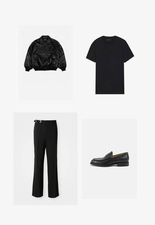 Schwarze Lederbombajacke mit durchgehendem Reißverschluss, gerippten Bündchen und Saum, mit geprägt beschrifteter Brust und seitlichen Taschen.; Schwarzes Baumwoll-T-Shirt mit kurzen Ärmeln und rundem Ausschnitt. Der Stoff hat eine glatte Textur und ein einfaches, schlichtes Design.; Schwarze Hose mit maßgeschneidertem Schnitt, mit flacher Vorderseite, Gürtelschlaufen, schlanker Silhouette und einer goldenen Schnalle als Akzent am Gürtel.; Schwarze Leder Slipper mit glatter Oberfläche, runder Spitze und dekorativer Naht auf dem Vorderblatt. Niedriger Blockabsatz und leichter Glanz.