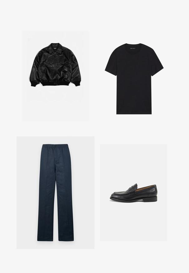 Crna kožna bomber jakna s patentnim zatvaračem sprijeda, rebrastim manžetama i rubom, koja ima reljefni natpis na prsima i bočne džepove.; Crna pamučna majica kratkih rukava s okruglim ovratnikom. Tkanina ima glatku teksturu i jednostavan, jednobojan dizajn.; Mornarčasto plave lanene hlače s opuštenim krojem, elastičnim pojasom i jednim dugmetom za zatvaranje. Imaju ravne nogavice i minimalnu teksturu.; Crne kožne loferice s glatkom površinom, zaobljenim vrhom i dekorativnim šavom na gornjem dijelu. Nizak potplat s malim potpeticama i blagi sjaj.
