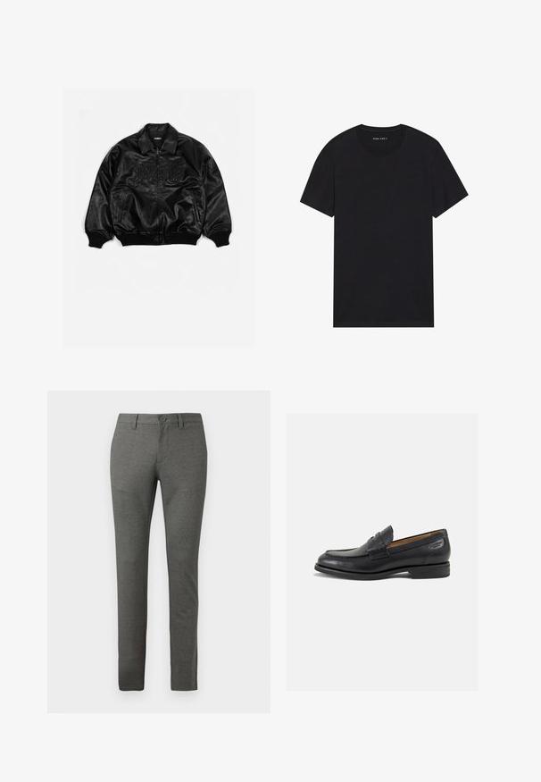 Black leather bomber jacket with a zip front, ribbed cuffs and hem, featuring embossed lettering on the chest and side pockets.; Black cotton t-shirt with short sleeves and a round neckline. The fabric has a smooth texture and a simple, solid design.; Gray tailored trousers with a textured finish, slim fit design, front pockets, and a single button closure at the waist.; Black leather loafers with a smooth finish, rounded toe, and decorative stitching on the vamp. Low stacked heel and slight shine.