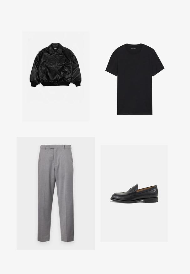 Black leather bomber jacket with a zip front, ribbed cuffs and hem, featuring embossed lettering on the chest and side pockets.; Black cotton t-shirt with short sleeves and a round neckline. The fabric has a smooth texture and a simple, solid design.; Gray dress pants made from textured fabric, featuring a straight leg design, front creases, and standard waistband with belt loops.; Black leather loafers with a smooth finish, rounded toe, and decorative stitching on the vamp. Low stacked heel and slight shine.