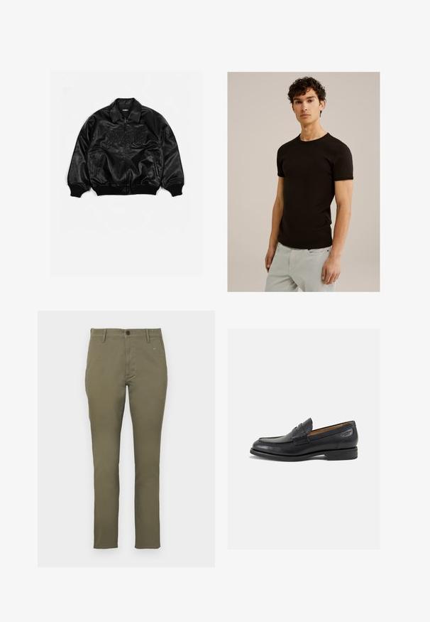 Zwarte leren bomberjack met een ritssluiting aan de voorkant, geribbelde manchetten en onderkant, met reliëfletters op de borst en zijzakken.; Zwarte korte mouwen t-shirt met een ronde halslijn, gemaakt van een gladde, rekbare stof. De pasvorm is slim, ontworpen om dicht tegen het lichaam aan te zitten.; Olijfgroene, slim-fit chino's van katoen met een gladde textuur. Beschikt over een knoopsluiting en vier zakken. Eenvoudig, minimalistisch ontwerp.; Zwarte leren loafers met een gladde afwerking, ronde neus en decoratieve stiksels op de wreef. Lage gestapelde hak en een lichte glans.
