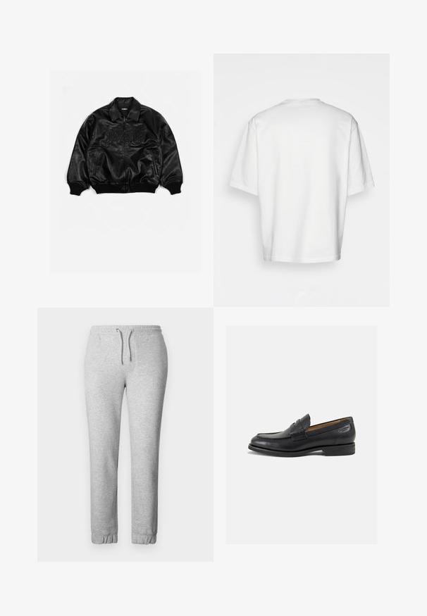 Černá kožená bomber bunda se zipem vpředu, žebrovanými manžetami a spodním lemem, s vytlačeným nápisem na hrudi a bočními kapsami.; Bílý krátký rukáv tričko, volný střih, kulatý výstřih, hladká bavlněná tkanina, nezdobený zadní díl, rovný lem, žádné vzory ani akcenty.; Šedé tepláky vyrobené z měkké tkaniny, s elastickým pasem se šňůrkou, elastickými manžetami a hladkou strukturou.; Černé kožené mokasíny s hladkým povrchem, zaoblenou špičkou a dekorativním prošíváním na svršku. Nízký podpatka a mírný lesk.
