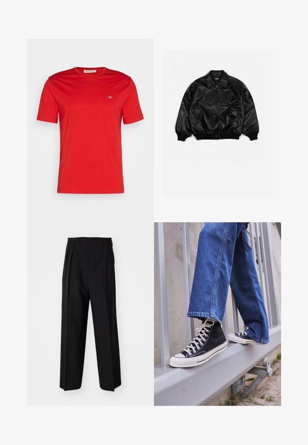 Jaqueta bomber de pele preta com fecho de correr à frente, punhos e bainha canelados, apresentando letras em relevo no peito e bolsos laterais.; T-shirt de algodão vermelho com decote redondo, mangas curtas e um pequeno logótipo azul no lado esquerdo do peito. Textura suave, estilo casual.; Calças pretas plissadas com um design reto e de perna larga. Feitas de um tecido liso, apresentam um fecho de botão e passantes para cinto.; Ténis altos pretos com sola e atacadores brancos, combinados com jeans azul desgastado, repousando sobre um corrimão cinza.