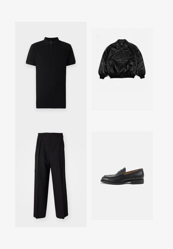 Czarna skórzana kurtka bombowa z zapięciem na zamek, prążkowanymi mankietami i dolną krawędzią, z wypukłym napisem na klatce piersiowej oraz bocznymi kieszeniami.; Czarna koszulka polo z bawełny, z kołnierzykiem, dwoma guzikami i krótkimi rękawami. Minimalistyczny design z subtelnym detalem logo.; Czarne plisowane spodnie o prostym, szerokim kroju nogawek. Wykonane z gładkiego materiału, z zapięciem na guzik i pętelkami na pasek.; Czarne skórzane mokasyny o gładkim wykończeniu, zaokrąglonym nosku i dekoracyjnym przeszyciu na cholewce. Niski, warstwowy obcas i delikatny połysk.