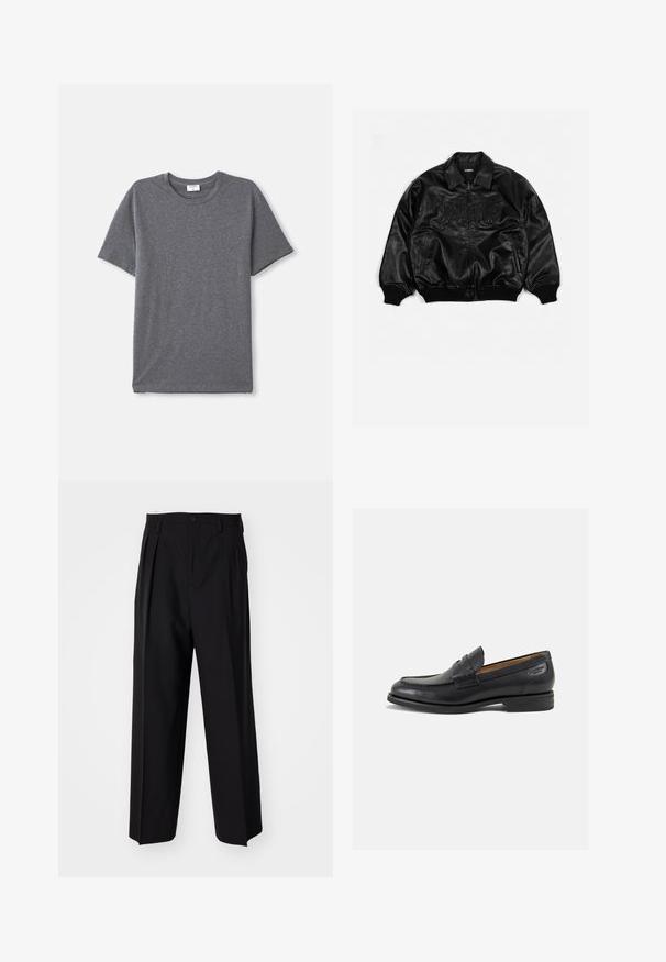 Zwarte leren bomberjack met een ritssluiting aan de voorkant, geribbelde manchetten en onderkant, met reliëfletters op de borst en zijzakken.; Grijs T-shirt met korte mouwen, gemaakt van zacht en glad materiaal. Klassieke ronde halslijn met een ontspannen pasvorm en zonder opvallende ontwerpelementen.; Zwarte geplooide broeken met een rechte, brede pijpontwerp. Gemaakt van soepele stof, met een knoopsluiting en riemlussen.; Zwarte leren loafers met een gladde afwerking, ronde neus en decoratieve stiksels op de wreef. Lage gestapelde hak en een lichte glans.