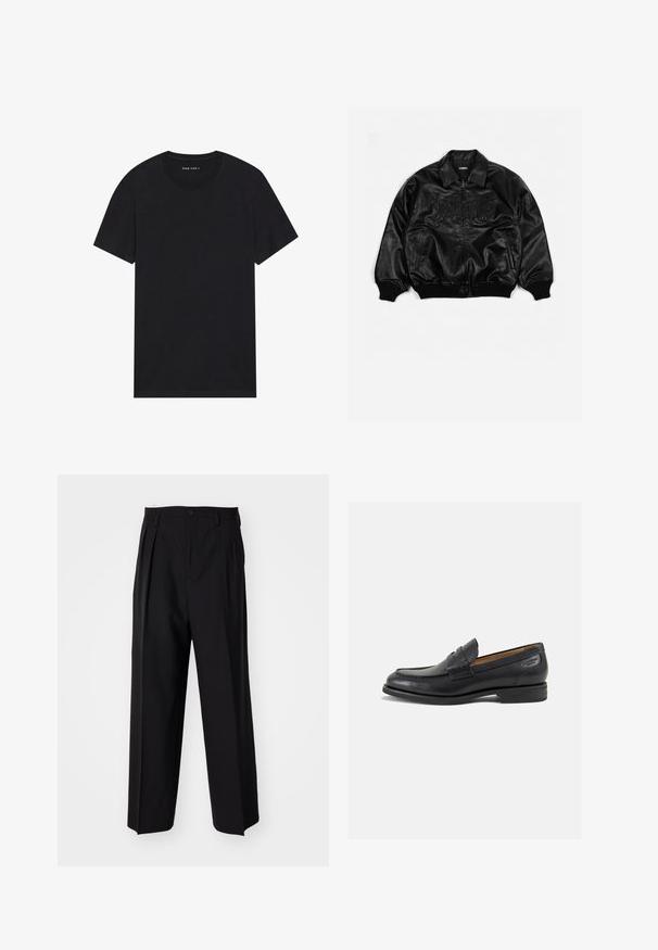 Zwarte leren bomberjack met een ritssluiting aan de voorkant, geribbelde manchetten en onderkant, met reliëfletters op de borst en zijzakken.; Zwarte katoenen t-shirt met korte mouwen en een ronde hals. De stof heeft een gladde textuur en een eenvoudig, effen ontwerp.; Zwarte geplooide broeken met een rechte, brede pijpontwerp. Gemaakt van soepele stof, met een knoopsluiting en riemlussen.; Zwarte leren loafers met een gladde afwerking, ronde neus en decoratieve stiksels op de wreef. Lage gestapelde hak en een lichte glans.