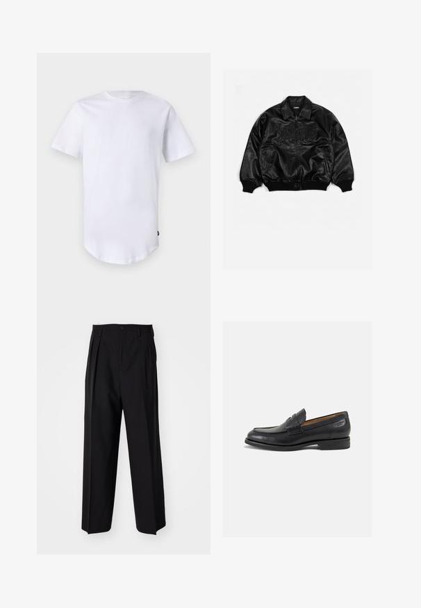 Sort læder bomberjakke med lynlås foran, ribbede manchetter og kant, med præget tekst på brystet og sidelommer.; Hvid kortærmet t-shirt lavet af bomuld. Rund halsudskæring med en buet kant. Etiket synlig på nederste venstre side. Glat tekstur.; Sorte plisserede bukser med et lige, bred ben-design. Fremstillet af glat stof, med en knaplukning og bæltesløjfer.; Sorte læder loafers med en glat finish, rund tå og dekorativ syning på vampen. Lav stablet hæl og let glans.