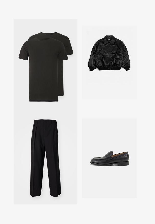 Schwarze Lederbombajacke mit durchgehendem Reißverschluss, gerippten Bündchen und Saum, mit geprägt beschrifteter Brust und seitlichen Taschen.; Zwei schwarze T-Shirts mit Rundhalsausschnitt aus weichem Stoff. Kurze Ärmel, gerade Saumlinie und keine sichtbaren Muster oder Grafiken.; Schwarze, plissierte Hose mit geradem, weitem Bein. Hergestellt aus glattem Stoff, mit Knopfverschluss und Gürtelschlaufen.; Schwarze Leder Slipper mit glatter Oberfläche, runder Spitze und dekorativer Naht auf dem Vorderblatt. Niedriger Blockabsatz und leichter Glanz.