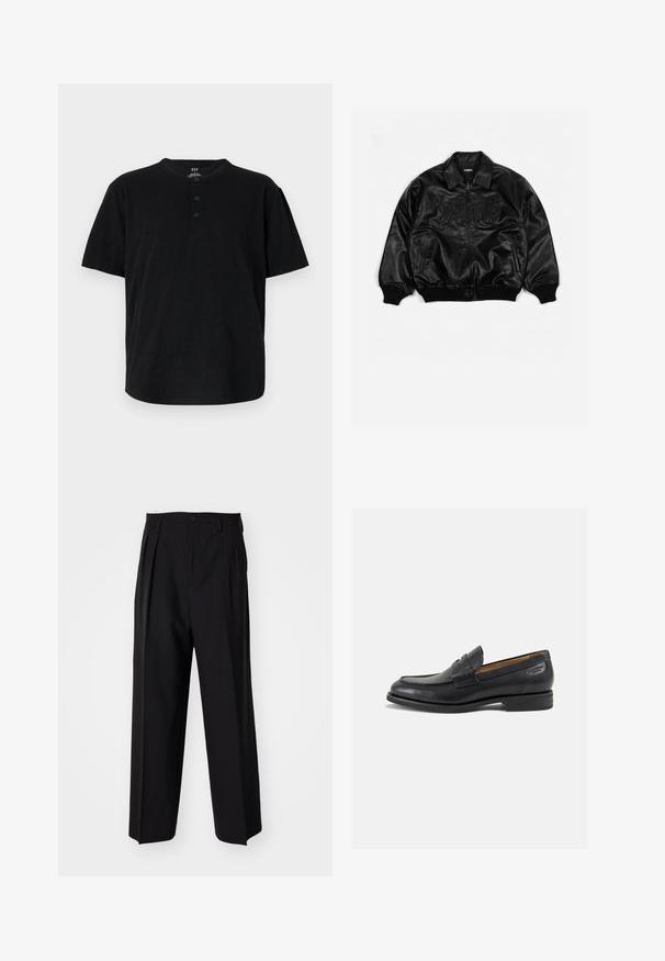 Sort læder bomberjakke med lynlås foran, ribbede manchetter og kant, med præget tekst på brystet og sidelommer.; Sort T-shirt med korte ærmer, rund hals, tre knapper og en afslappet pasform. Fremstillet af et blødt, tekstureret stof.; Sorte plisserede bukser med et lige, bred ben-design. Fremstillet af glat stof, med en knaplukning og bæltesløjfer.; Sorte læder loafers med en glat finish, rund tå og dekorativ syning på vampen. Lav stablet hæl og let glans.