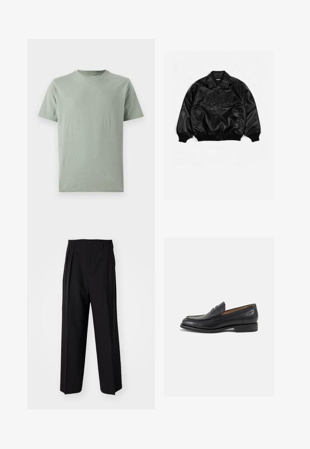 Musta nahkainen pommijakku, jossa on vetoketjukiinnitys, ribbireunat hihansuissa ja helmassa. Takissa on kohokuvioidut kirjaimet rinnassa ja sivutaskut.; GAP EVERYDAY SOFT CREW SOLID - T-paita - gasoline green; Mustat laskostetut housut, joissa on suora, leveä lahje. Valmistettu sileästä kankaasta, jossa on nappisuljenta ja vyölenkit.; Mustat nahkaloaferit, joissa on sileä pinta, pyöreä varvas ja koristeompeleet varpaansuojassa. Matala pinottu korko ja hieno kiilto.