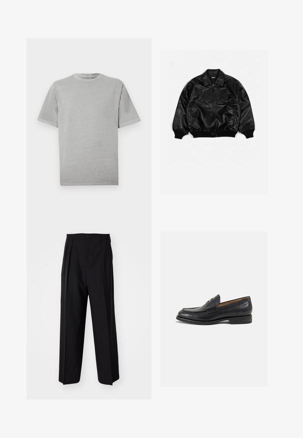 Black leather bomber jacket with a zip front, ribbed cuffs and hem, featuring embossed lettering on the chest and side pockets.; Plain light gray short-sleeve crew neck t-shirt with a straight hem, displayed against a white background.; Black pleated trousers with a straight, wide-leg design. Made from smooth fabric, featuring a button closure and belt loops.; Black leather loafers with a smooth finish, rounded toe, and decorative stitching on the vamp. Low stacked heel and slight shine.