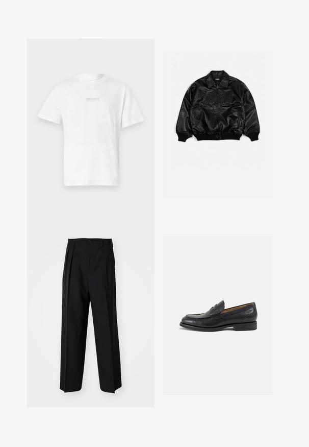 Giubbotto bomber in pelle nera con zip frontale, polsini e parte inferiore a costine, con lettering in rilievo sul petto e tasche laterali.; T-shirt bianco in cotone con maniche corte, colletto rotondo e un semplice logo stampato sul davanti. Tessuto liscio e vestibilità standard.; Pantaloni neri a pieghe con un design dritto e gamba larga. Realizzati in tessuto morbido, con chiusura a bottone e passanti per cintura.; Mocassini in pelle nera con finitura liscia, punta arrotondata e cuciture decorative sulla tomaia. Tacco basso impilato e leggero lucido.