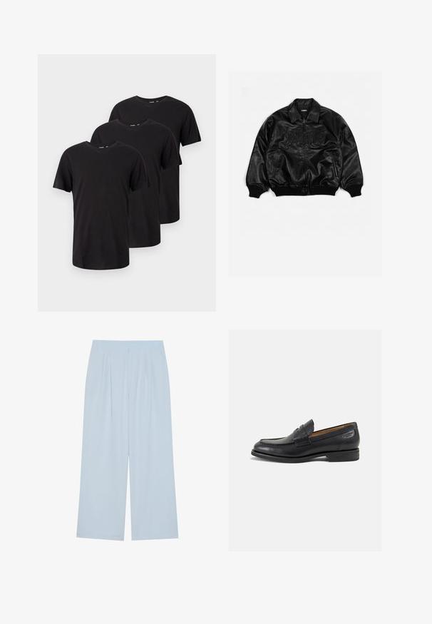 Black leather bomber jacket with a zip front, ribbed cuffs and hem, featuring embossed lettering on the chest and side pockets.; Three plain black short-sleeve crew neck t-shirts, arranged in a staggered overlapping layout on a white background.; Light blue wide-leg trousers made from a smooth material, featuring front pleats and an elasticized waistband for comfort.; Black leather loafers with a smooth finish, rounded toe, and decorative stitching on the vamp. Low stacked heel and slight shine.