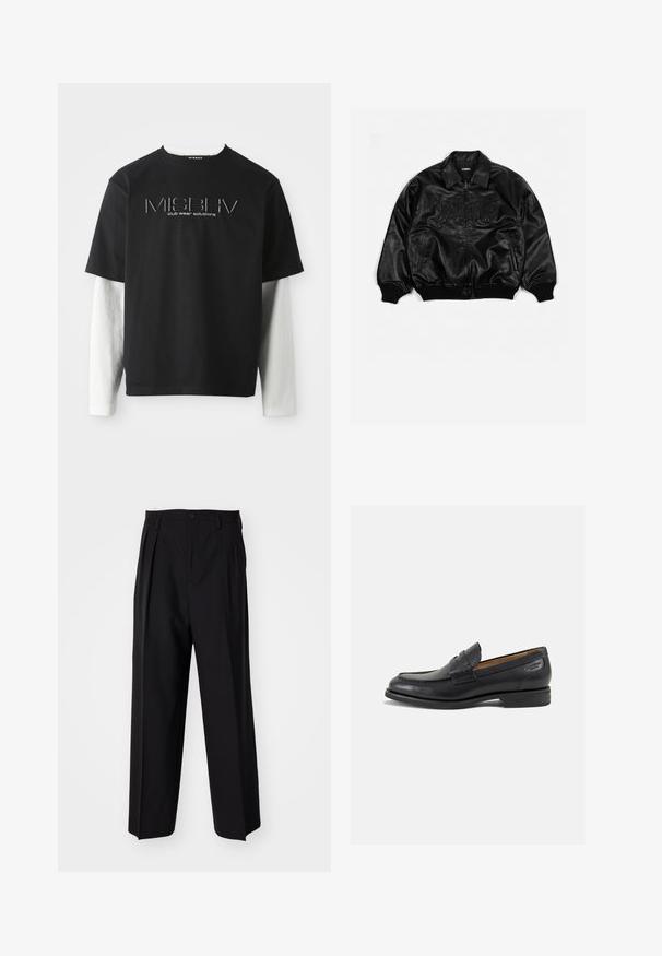 Zwarte leren bomberjack met een ritssluiting aan de voorkant, geribbelde manchetten en onderkant, met reliëfletters op de borst en zijzakken.; Zwarte T-shirt met korte mouwen gelaagd over witte lange mouwen, met het MISBHV clubwear-oplossingen logo gecentreerd op de borst.; Zwarte geplooide broeken met een rechte, brede pijpontwerp. Gemaakt van soepele stof, met een knoopsluiting en riemlussen.; Zwarte leren loafers met een gladde afwerking, ronde neus en decoratieve stiksels op de wreef. Lage gestapelde hak en een lichte glans.