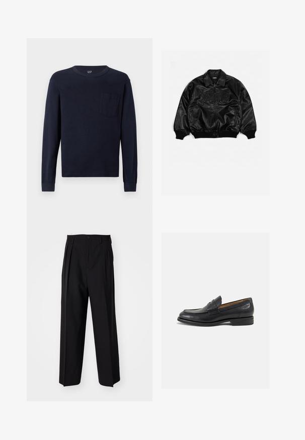 Musta nahkainen pommijakku, jossa on vetoketjukiinnitys, ribbireunat hihansuissa ja helmassa. Takissa on kohokuvioidut kirjaimet rinnassa ja sivutaskut.; T-paita, pitkähiha, laivaston sininen, puuvillasta valmistettu, jossa on pyöreä kaula-aukko ja pieni rintatasku vasemmalla puolella. Tasainen pinta.; Mustat laskostetut housut, joissa on suora, leveä lahje. Valmistettu sileästä kankaasta, jossa on nappisuljenta ja vyölenkit.; Mustat nahkaloaferit, joissa on sileä pinta, pyöreä varvas ja koristeompeleet varpaansuojassa. Matala pinottu korko ja hieno kiilto.