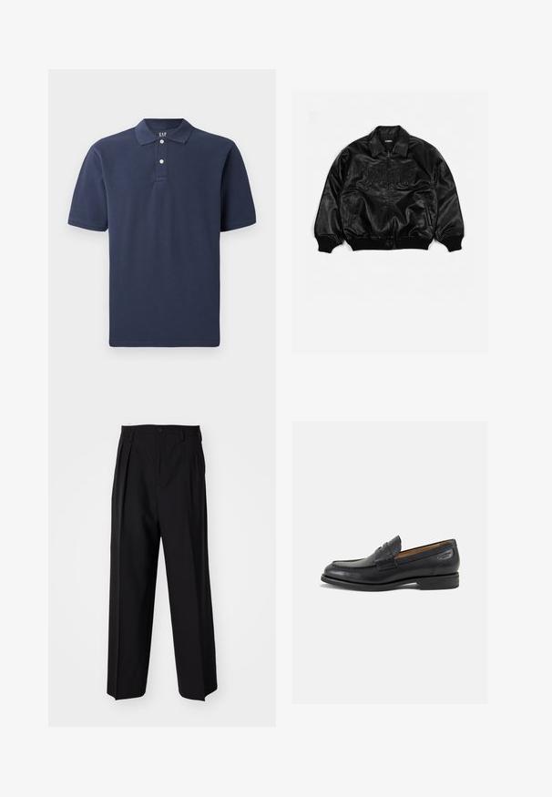 Svart läderbomberjacka med dragkedja fram, ribbade ärmslut och nederkant, med präglad text på bröstet och sidofickor.; Mörkblå polo skjorta i bomull, med en treknapps knäppning, korta ärmar och en strukturerad yta. Minimalistisk design, utan mönster.; Svarta plisserade byxor med en rak, bred bendesign. Tillverkade av ett slätt tyg, med knäppning fram och bälteshällor.; Svarta läder loafers med en slät ytfinish, rund tå och dekorativ sömnad på vampen. Låg staplad klack och lätt glans.