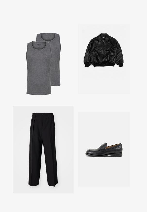 Sort læder bomberjakke med lynlås foran, ribbede manchetter og kant, med præget tekst på brystet og sidelommer.; To grå tank tops lavet af blød bomuldsblanding. Har en rund halsudskæring og ærmeløs design. Glat tekstur og regular fit.; Sorte plisserede bukser med et lige, bred ben-design. Fremstillet af glat stof, med en knaplukning og bæltesløjfer.; Sorte læder loafers med en glat finish, rund tå og dekorativ syning på vampen. Lav stablet hæl og let glans.
