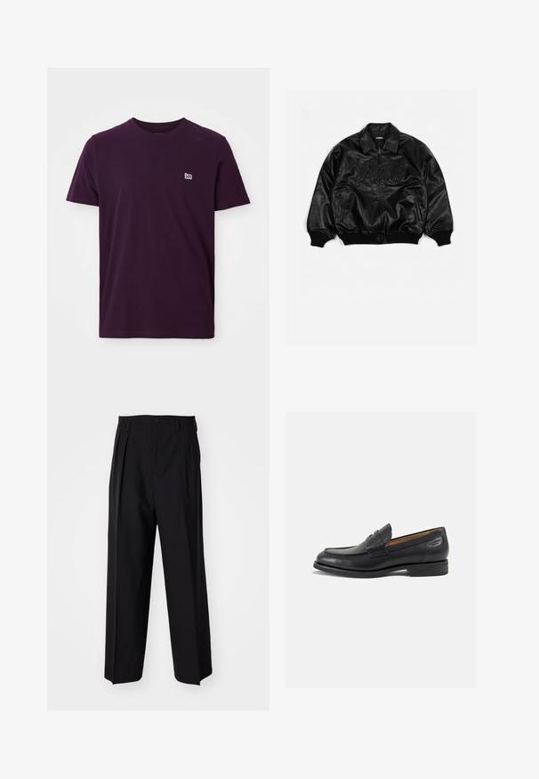 Black leather bomber jacket with a zip front, ribbed cuffs and hem, featuring embossed lettering on the chest and side pockets.; Dark purple cotton t-shirt with short sleeves, crew neckline, and small white logo on the left chest. Soft, smooth texture.; Black pleated trousers with a straight, wide-leg design. Made from smooth fabric, featuring a button closure and belt loops.; Black leather loafers with a smooth finish, rounded toe, and decorative stitching on the vamp. Low stacked heel and slight shine.