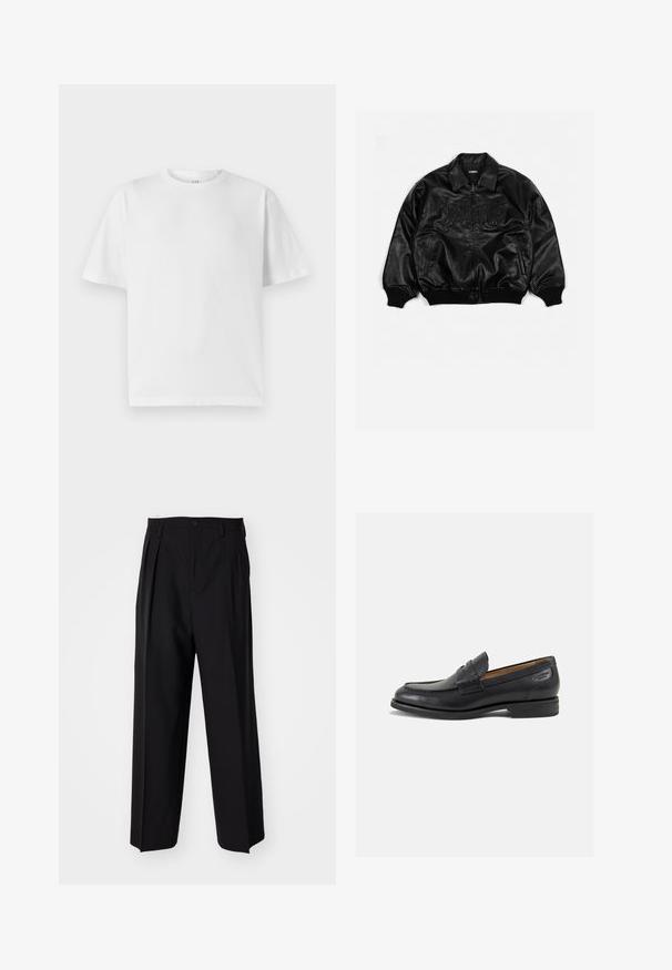 Black leather bomber jacket with a zip front, ribbed cuffs and hem, featuring embossed lettering on the chest and side pockets.; White cotton t-shirt with a crew neckline and short sleeves. Features a loose fit and a smooth texture. No visible patterns or graphics.; Black pleated trousers with a straight, wide-leg design. Made from smooth fabric, featuring a button closure and belt loops.; Black leather loafers with a smooth finish, rounded toe, and decorative stitching on the vamp. Low stacked heel and slight shine.