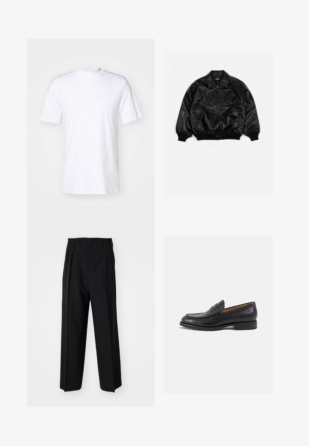Čierna kožená bomber bunda so zapínaním na zips, s rebrovanými manžetami a spodným lemom, s embosovaným nápisom na hrudi a bočnými vreckami.; Biela tričko s krátkym rukávom vyrobené z bavlny, s okrúhlym výstrihom a rovnými okrajmi. Hladká textúra a žiadne viditeľné vzory alebo akcenty.; Čierne skladané nohavice s rovnom, širokým strihom. Vyrobené z hladkého materiálu, s gombíkovým zapínaním a pútkami na opasok.; Čierne kožené mokasíny s hladkým povrchom, zaoblenou špičkou a dekoratívnym prešívaním na prednej časti. Nízky kokteilový opätok a jemný lesk.