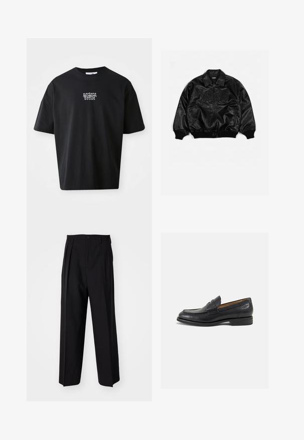 Svart lær bomberjakke med glidelås foran, ribbestrikkede mansjetter og kant, med preget skrift på brystet og sidelommer.; Svart bomulls T-skjorte med kort arm, rund hals, og grafisk tekst foran i hvitt. Avslappet passform, glatt tekstur, og uten synlige mønstre.; Sorte plissert bukser med en rett, bred benform. Laget av glatt stoff, med knappelukking og beltehemper.; Sorte lær loafers med en glat overflade, rund tå og dekorativ syning på forfoden. Lav stablet hæl og let glans.