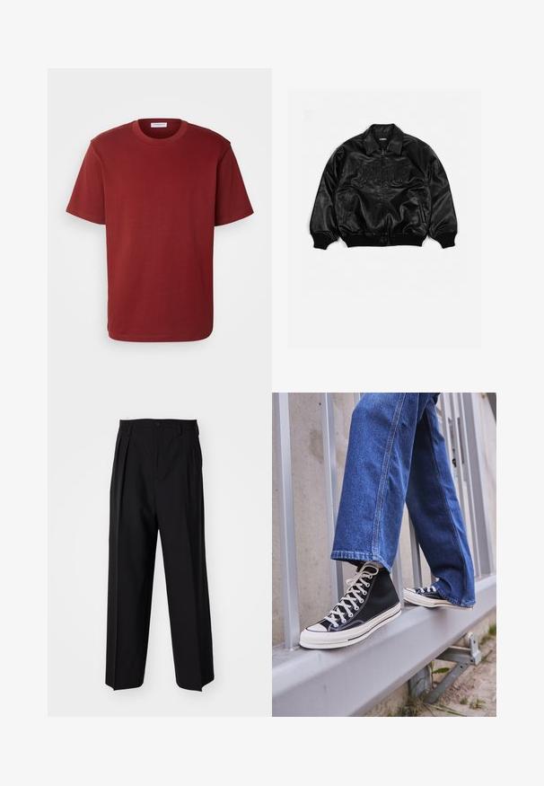 Juodas odinis bombonešis su užtrauktuku priekyje, iškirptomis rankovėmis ir apačia, puošniai iškėlėmis raidėmis ant krūtinės ir šoninėmis kišenėmis.; Lindbergh O-NECK TEE S/S - Paprasti marškinėliai - dark red; Juodi klostuoti kelnių, su tiesiu, plačiu kojų dizainu. Pagaminti iš lygios medžiagos, su mygtukų uždarymu ir diržo kilputėmis.; Juodi aukšti sportiniai bateliai su baltu padu ir raišteliais, derinami su laisvai krentančiais mėlynais džinsais, atremti į pilką turėklą.