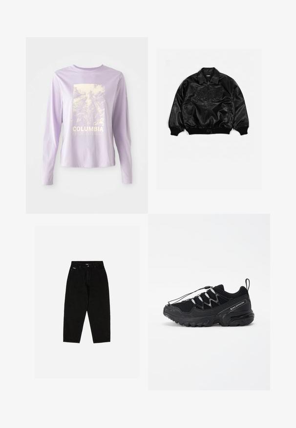 Svart lær bomberjakke med glidelås foran, ribbestrikkede mansjetter og kant, med preget skrift på brystet og sidelommer.; Lilla langermet skjorte med et skogmotiv og teksten "COLUMBIA SPORTSWEAR" i hvitt. Laget av myk stoff med en avslappet passform.; Sorte denim bukser med høy midje, rett ben design, og diskret logo på lommen foran. Har klassisk fem-lomme styling.; Sorte joggesko med mesh-overdel, reflekterende detaljer og elastiske lisser. Har en robust såle med grep-mønstre for stabilitet.