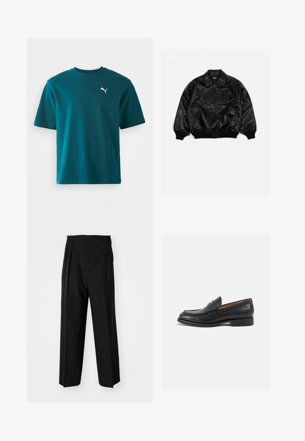Fekete bőrdzseki cipzárral az elülső részén, bordázott mandzsettákkal és hemmed, dombornyomott felirattal a mellkasán és oldalsó zsebekkel.; Türkiz színű pamut póló rövid ujjakkal, kerek nyakkivágással és fehér Puma logóval a bal mellen; sima textúra és normál szabás.; Fekete, pliszírozott nadrág, egyenes, széles lábakkal. Sima anyagból készült, gombos záródással és övhurkokkal rendelkezik.; Fekete bőr loaferek sima felülettel, lekerekített orral és díszítő varrással a lábfejen. Alacsony, réteges sarkú és enyhe fényű.