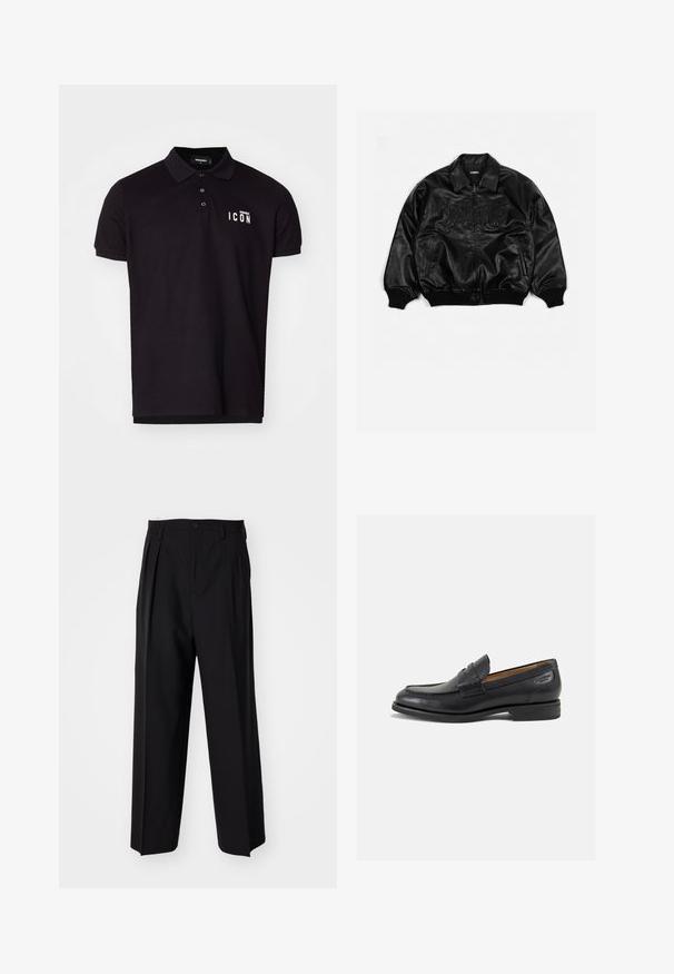 Crna kožna bomber jakna s patentnim zatvaračem sprijeda, rebrastim manžetama i rubom, koja ima reljefni natpis na prsima i bočne džepove.; Crna polo majica od mješavine pamuka s klasičnim ovratnikom, tri gumba i bijelim "ICON" natpisom na lijevoj strani prsnog koša. Glatka tekstura, kratki rukavi.; Crne plisirane hlače s ravnim širokim nogavicama. Izrađene od glatkog materijala, s dugmadi za zatvaranje i petljama za remen.; Crne kožne loferice s glatkom površinom, zaobljenim vrhom i dekorativnim šavom na gornjem dijelu. Nizak potplat s malim potpeticama i blagi sjaj.